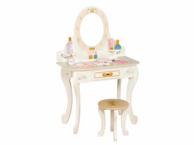 Coiffeuse en bois avec tabouret et accessoires