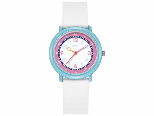 Montre enfant étanche à quartz - Modèle Flex - Blanche/Cyan