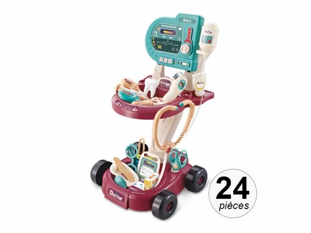 Chariot médical enfant avec effets sonores et lumineux - Set de 24 pièces