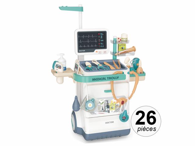 Chariot médical enfant avec effets sonores et lumineux - Set de 26 pièces