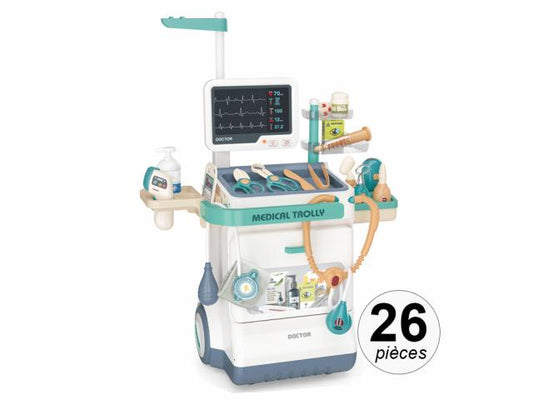 Chariot médical enfant avec effets sonores et lumineux - Set de 26 pièces