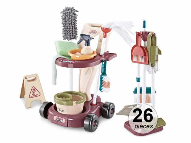 Chariot d'entretien ménager enfant - Set de 26 pièces
