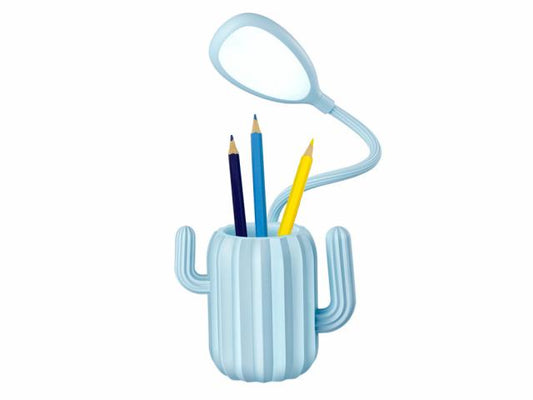 Pot à crayons avec éclairage LED ajustable - Modèle Cactus - Bleu