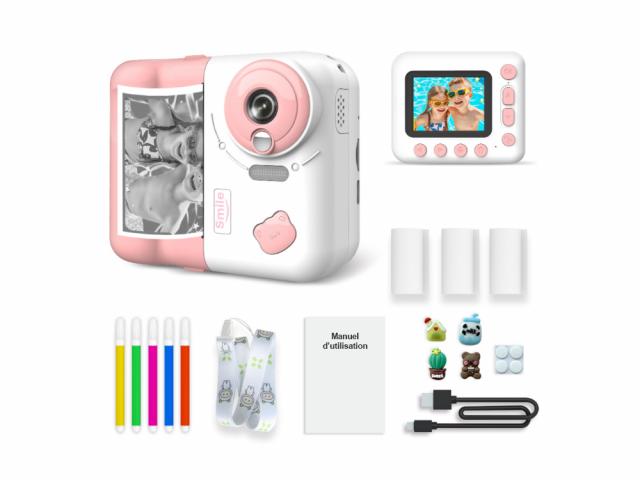 Appareil photo numérique enfant avec impression instantanée et accessoires - Modèle Instakid - Coloris Rose