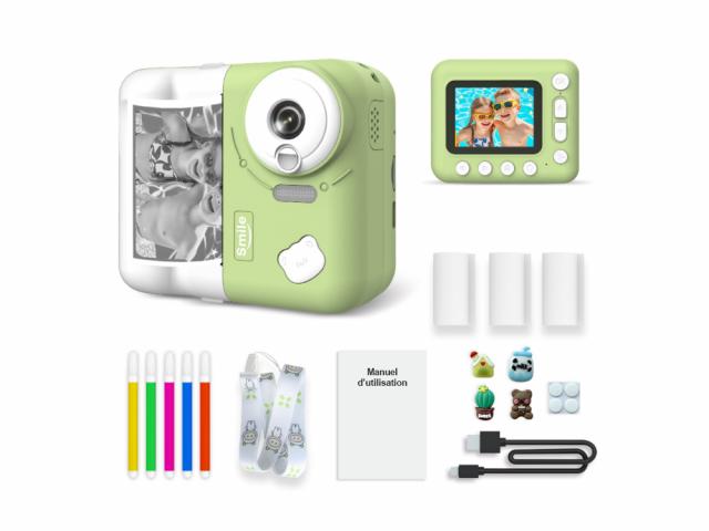Appareil photo numérique enfant avec impression instantanée et accessoires - Modèle Instakid - Coloris Vert