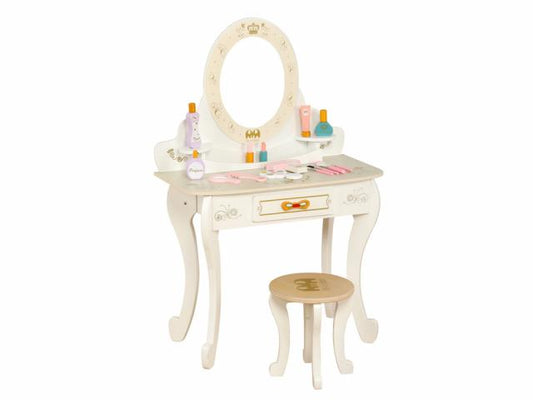 Coiffeuse en bois avec tabouret et accessoires